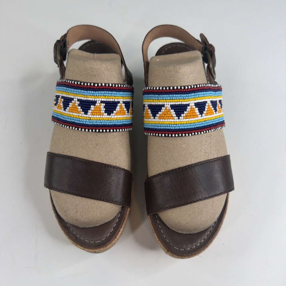 Pikolinos Womens 38 Brown Leather Beaded Wedge Sandals Boho Made in Spain - Picture 2 of 16